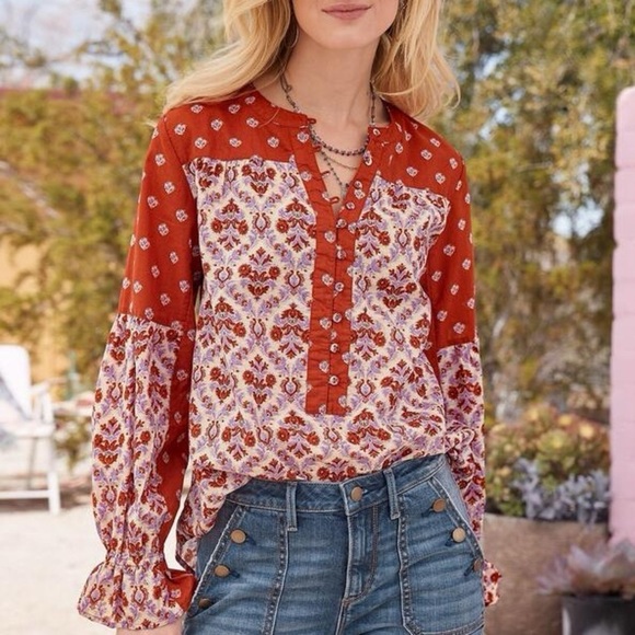 SUNDANCE Explorer Patchwork Orange Lavender Block Print Henley Boho Top - Picture 1 of 5